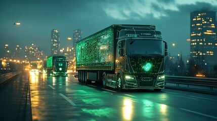 Obraz premium A futuristic green logistics hub, trucks with eco-friendly labels on optimized digital routes, reducing emissions and boosting fuel efficiency.