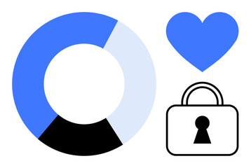 Pie chart with blue, black, and white segments next to a blue heart and a black outlined lock with keyhole. Ideal for data visualization, security concepts, privacy topics, love themes, healthcare