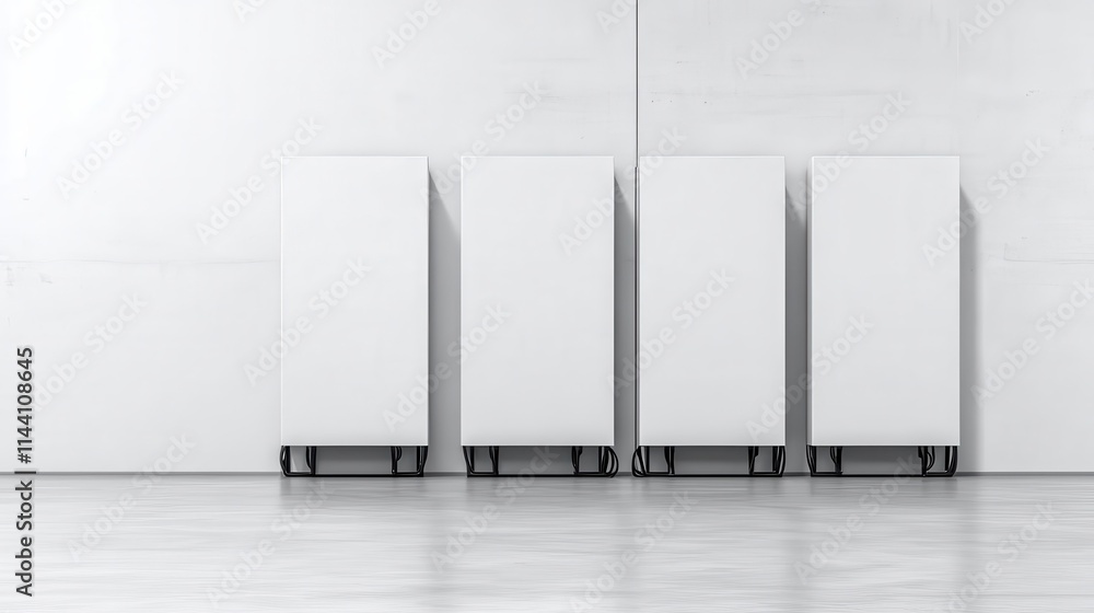 Poster a minimalist setting featuring four white refrigerators aligned against a plain wall, emphasizing si
