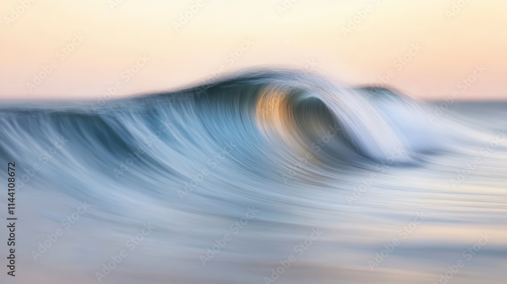 Poster a soft-focus image of a gently rolling wave, capturing the serene movement of water against a tranqu