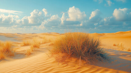 Sandy land with grass patches. Serene desert landscape with golden dunes and scattered vegetation under a blue sky at midday