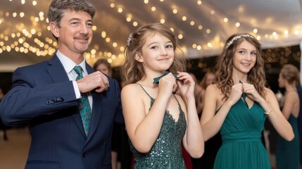 Parents helping their child dress for their first formal dance, adjusting ties and fixing hair with proud smiles. 
