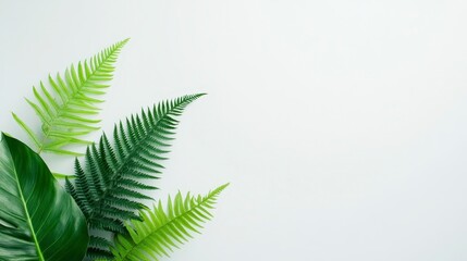 Fototapeta premium A close-up of lush green ferns against a light background, showcasing vibrant foliage ideal for nature-themed designs.
