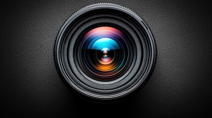 Close-up of a camera lens on dark background.