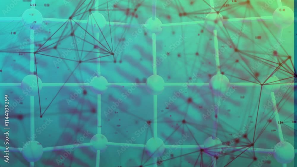 Poster animation of white spots and floating network of connections over data processing and dna strands