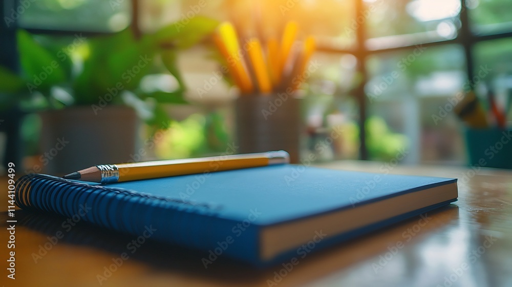 Poster neatly arranged notebook and pencil on a smooth wooden desk bathed in soft natural morning light cre