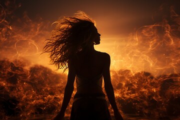 Silhouette of a woman with flowing hair against a fiery sunset backdrop.