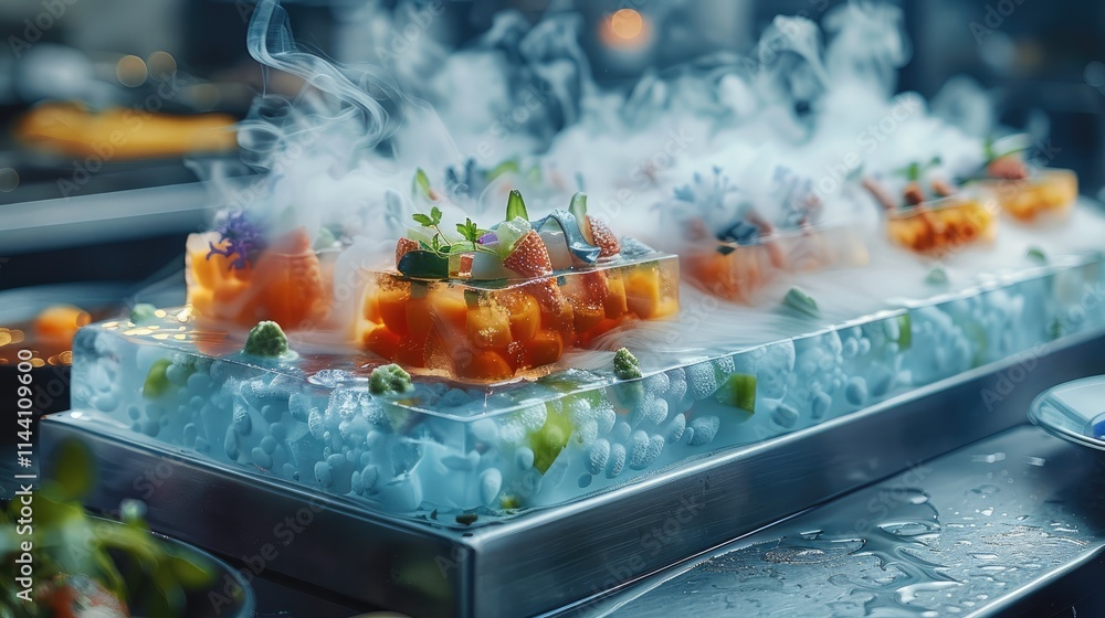 Poster A table with buffet appetizers placed on rectangular stands, the serving is decorated with smoke from liquid nitrogen. On the table there is a large rectangular ice floe with a bizarrely.