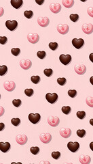 Pink background with chocolate and candy hearts