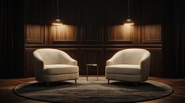 Interior living room two chairs dark theme night time simple focusing minimalistic elegant design creating cozy intimate ambiance ideal modern living room spaces