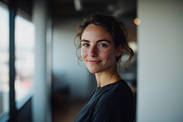 A cheerful woman with tousled hair stands in an office and beams a natural smile, embodying an inviting and friendly atmosphere, ready to collaborate and connect.