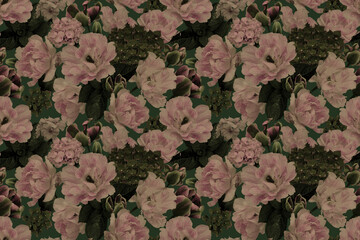 Baroque garden flowers. Floral seamless pattern.