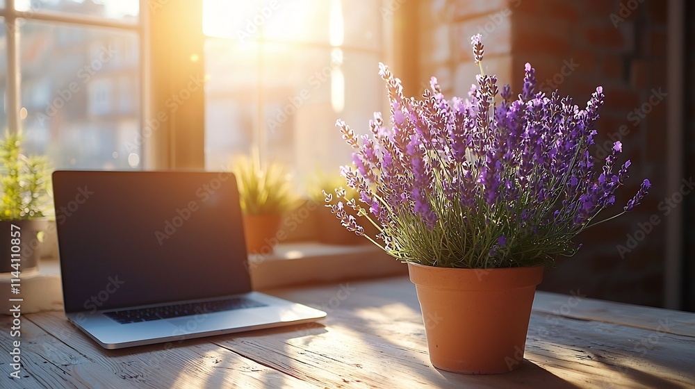 Poster sunny and neatly arranged workspace with an open laptop and a potted lavender plant on the side prom