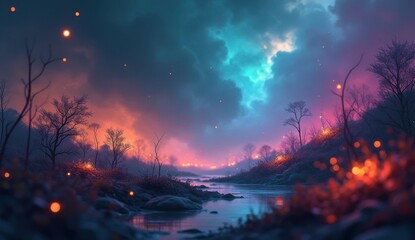 Fototapeta premium a close up of a river with a bunch of fireflies flying in the sky