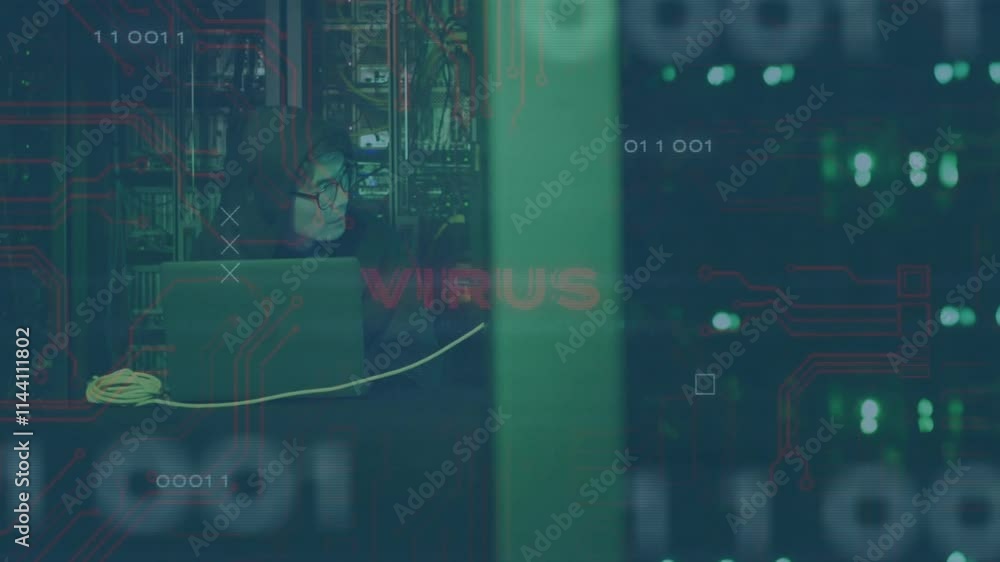 Poster animation of binary coding and virus text over asian male hacker using laptop in server room