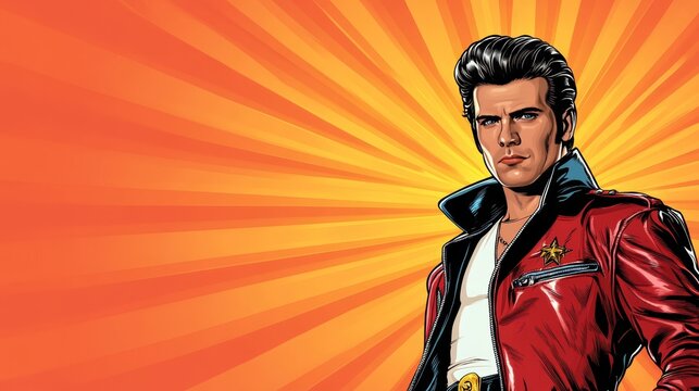 Confident 1950s Greaser Portrait of a Cool Guy with Attitude on an Orange Starburst Background