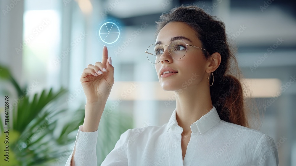 Poster Professional woman pointing at a floating holographic pie chart with data insights, modern office environment
