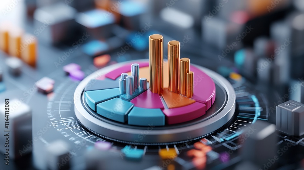 Leinwandbilder Pie chart displayed on a digital screen, representing business data analysis and reports in a modern office, vibrant financial design