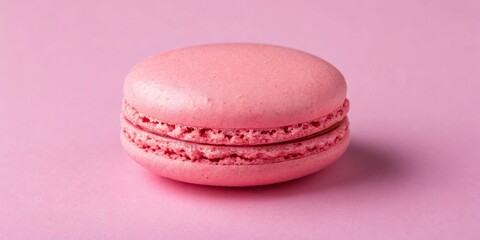 A single pink French macaron displayed in the center of a matching pink background, showcasing its delicate texture and elegant design