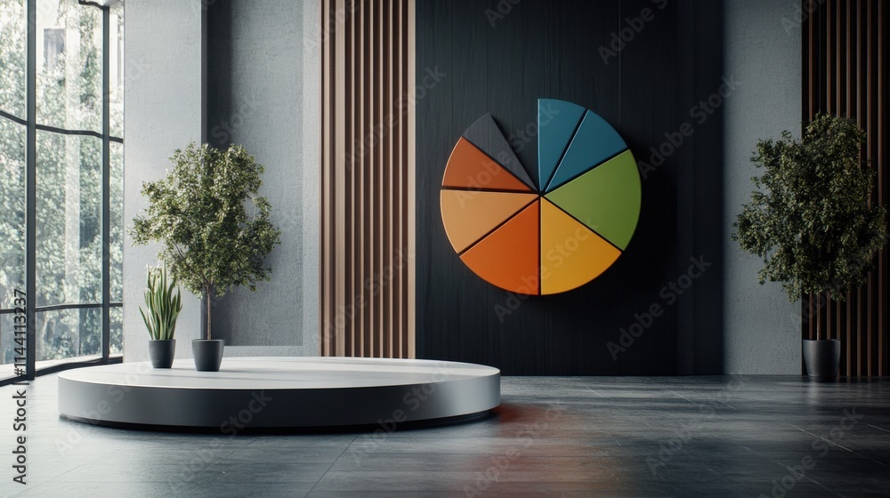 Poster Pie chart displayed on a digital screen, representing business data analysis and reports in a modern office, vibrant financial design