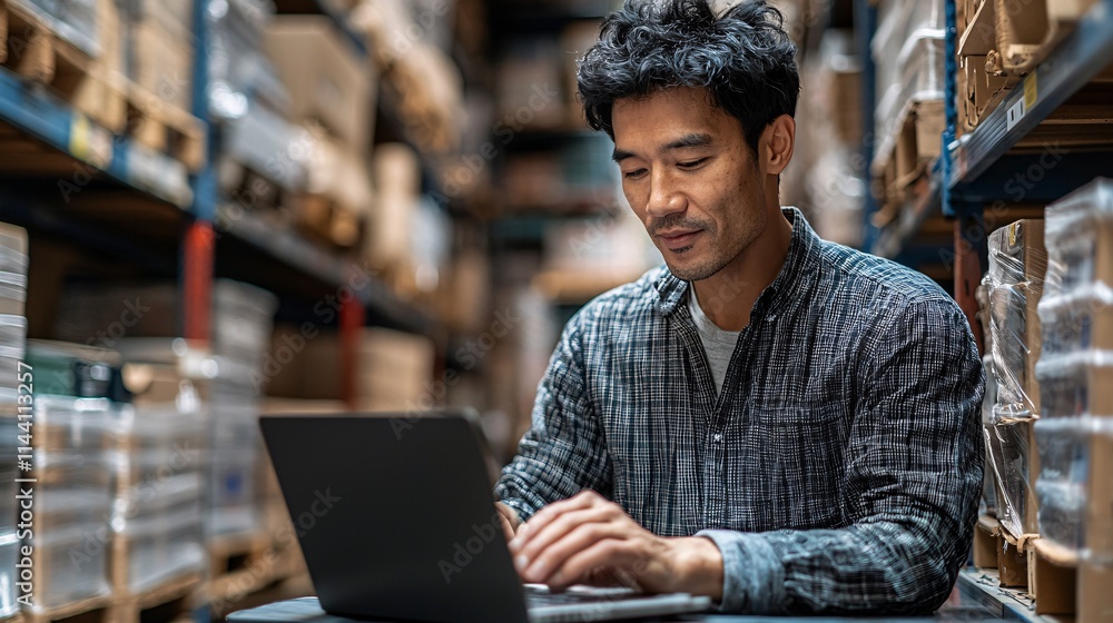 Poster Warehouse packer working a side gig learning about EITC credits from a community guide Stock Photo with side copy space