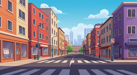 Naklejka premium Empty City Street with Bright Storefronts and Crosswalks