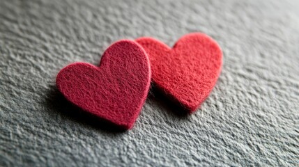 Fototapeta premium Two soft felt hearts sit close together, representing love and warmth, ideal for romantic themes and decorations.