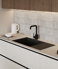 Close-up view of a white kitchen countertop with a black sink, black faucet, lighting, and a kettle.