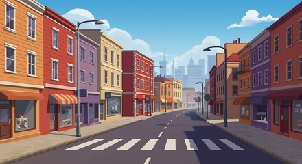 Obraz premium Empty City Street with Bright Storefronts and Crosswalks