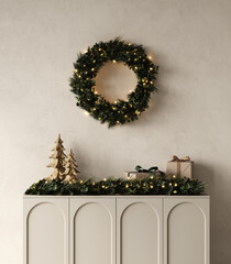 Close-up view of a chest  with New Year's decor. Christmas wreath made of fir branches, eucalyptus and lights, gift boxes, candles. 3d rendering