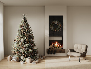 Christmas tree with toys and gifts decorates a modern interior of a living room with a fireplace, a beige armchair, a carpet on the floor