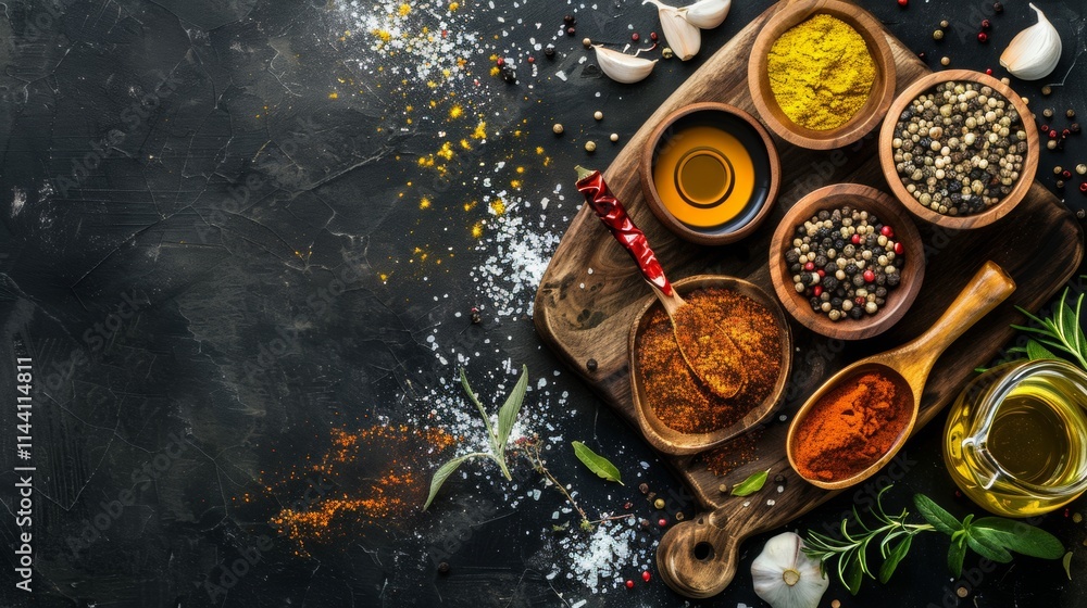 Poster assorted spices and oils in rustic bowls on a dark surface