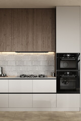 kitchen-living room design in a modern style, kitchen set with white wooden cabinets, gas stove, built-in hood, pantry with and glasses