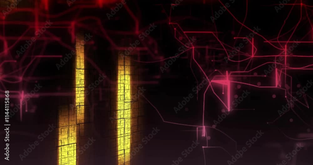 Poster animation of glowing light trails floating over red network of connections on black background