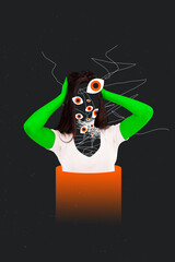 Composite 3D collage trend artwork template design of young woman headache eyes spy search control...