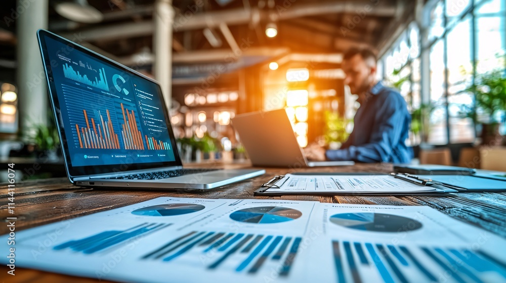 Aufkleber Wealth manager giving a presentation with graphs to a client in a modern office representing efficiency in wealth management Stock Photo with side copy space