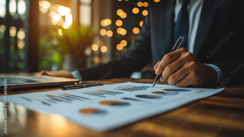 Poster Wealth manager giving a presentation with graphs to a client in a modern office representing efficiency in wealth management Stock Photo with side copy space