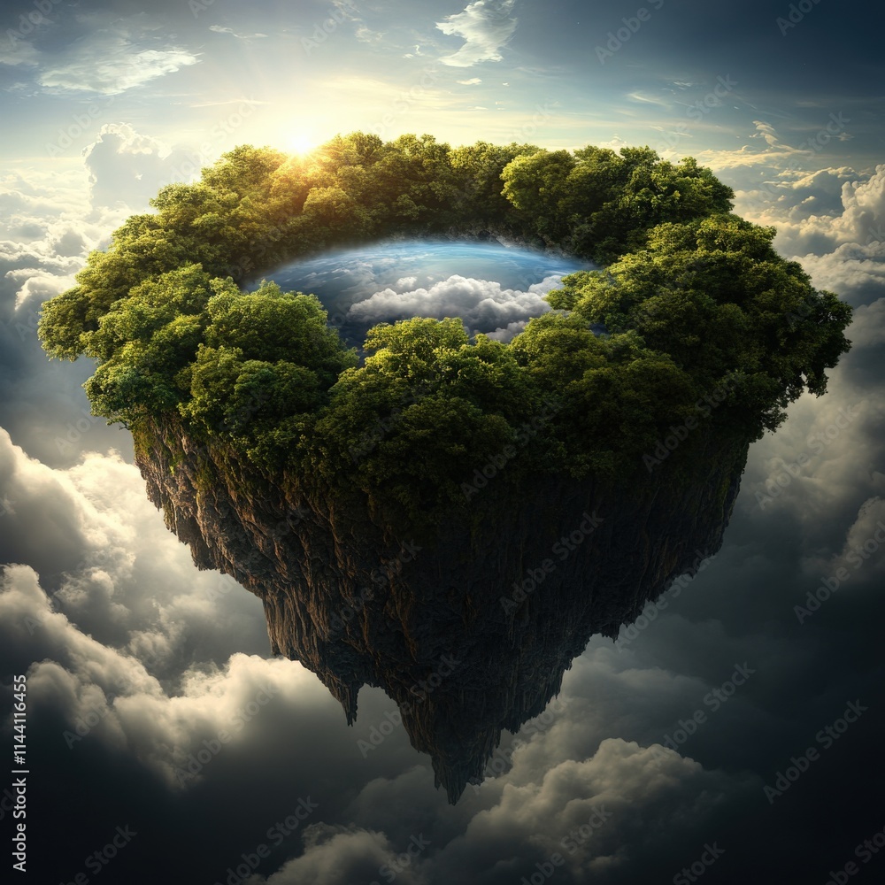 Poster a large island with a body of water in the center surrounded by trees