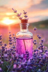 Glass bottle of lavender essential oil with fresh flowers. Flowering field on the background, sunset. Aromatherapy spa massage vertical concept. Lavendula oleum