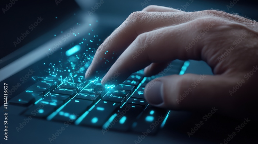 Aufkleber Close-up of a hand typing on a holographic keyboard with neon blue digital trails, representing cybersecurity and technology