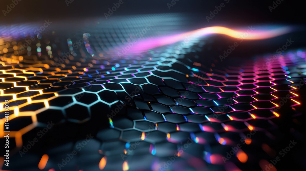 Poster black hexagonal grid pattern with glowing rainbow lights in creative art design