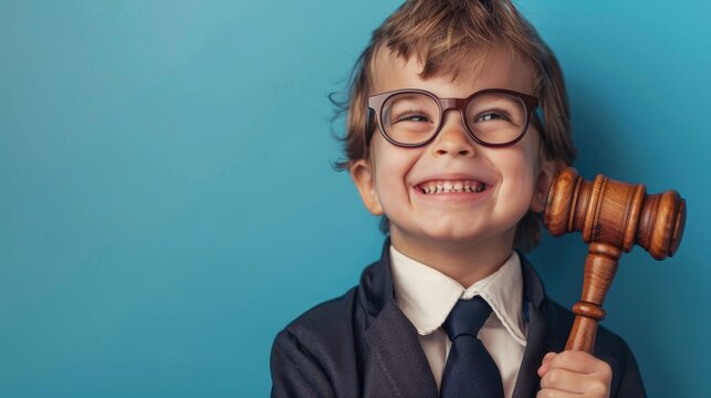 Smiling Child Dressed as Judge with Gavel Against Blue Background