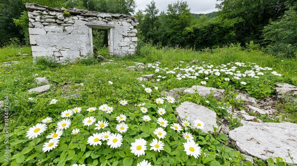 Sticker Ruined stone wall with daisies.