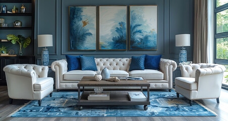 Living room with blue and beige armchairs creating a cozy and balanced space.
