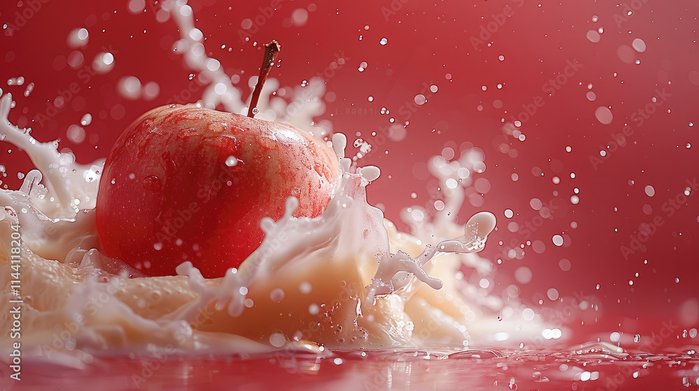 Aufkleber an apple fell onto the surface of the yogurt wall, splashing against a red gradient background.