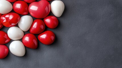 Red and white heart-shaped stones on dark background.