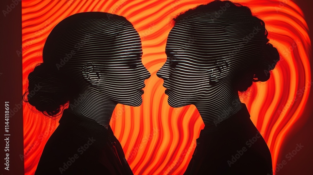 Poster silhouettes of two people with flowing patterns in vivid red background