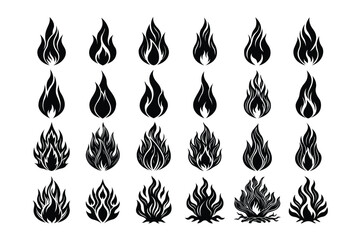 Set of black and white fire flames silhouette on a white background, flame silhouette vector illustration collection