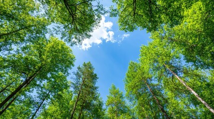 Obraz premium Lush green forest canopy with blue sky.