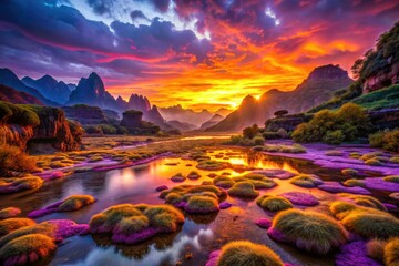 Naklejka premium Ethereal twilight bathes a fantastical valley, adventure awaits within its mystical depths.